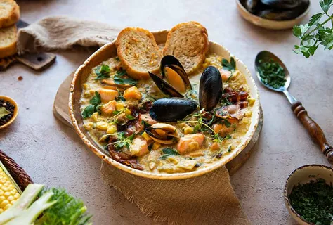 Sopa de almejas y salmón