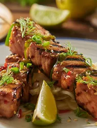 Brochetas asiáticas de salmón y pimiento