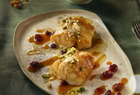 Bacalao con arándanos y miso cubierto de nueces