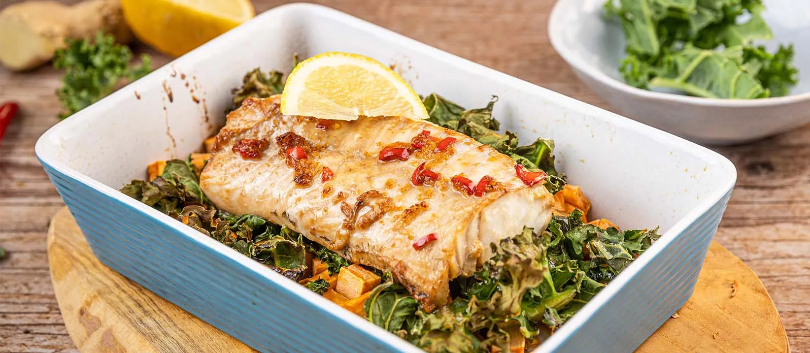 Bacalao al horno con kale y boniato
